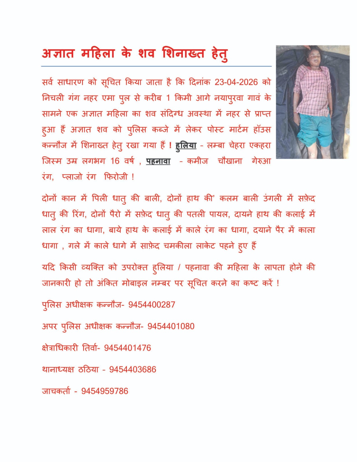 रहस्यमयी हालात में नहर में मिला किशोरी का शव, हत्या की आशंका से सहमा इलाका।