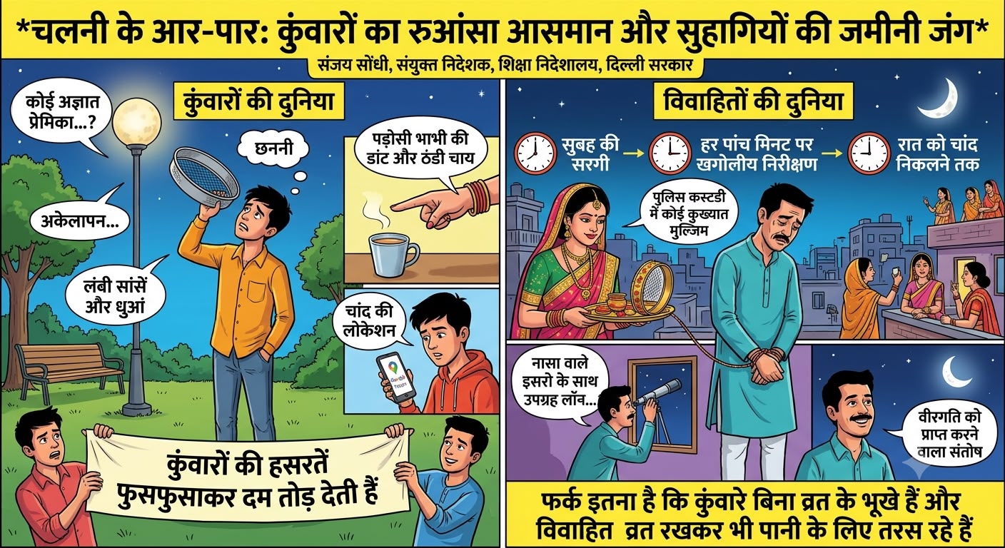 चलनी के आर-पार: कुंवारों का रुआंसा आसमान और सुहागियों की जमीनी जंग।